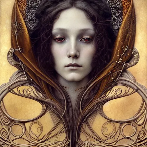 Image similar to detailed realistic beautiful young medieval queen face portrait by jean delville, tom bagshaw, brooke shaden, gustave dore and marco mazzoni, art nouveau, symbolist, visionary, gothic, pre - raphaelite, ornate gilded medieval icon, surreality