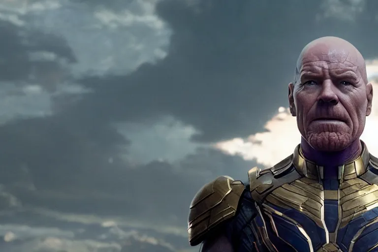Prompt: promotional image of bald Bryan Cranston as Thanos in Avengers: Endgame (2019), dynamic action shot, movie still frame, promotional image, imax 70 mm footage