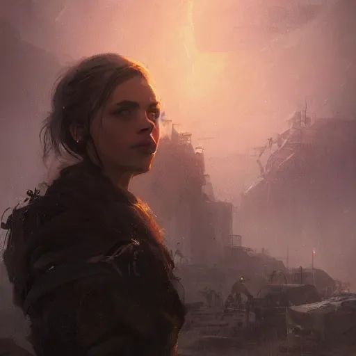 Image similar to a portrait of a very beautiful woman with sad face, post apocalyptic earth in the background as seen by greg rutkowski, dark theme, enchanted, warm colors, high quality, waw, trending on artstation