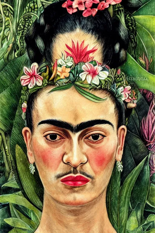 Image similar to frida kahlo realistic portrait closeup surrounded by tropical plants and flowers, art by luis royo and walter crane and kay nielsen, watercolor illustration,