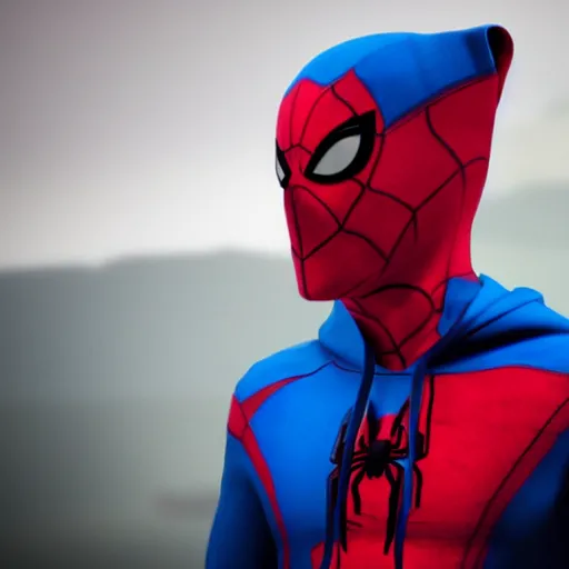 Image similar to fully red spider-man with blue hoodie, 4k realistic photo