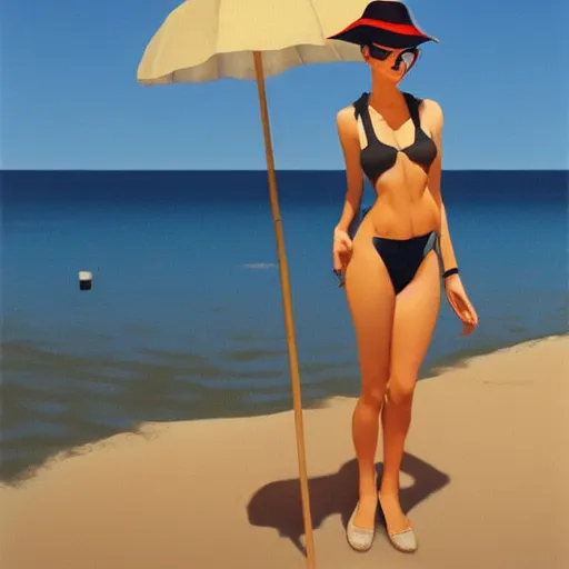 Image similar to women at the beach by jack vettriano, bikini, unreal engine, artistic.