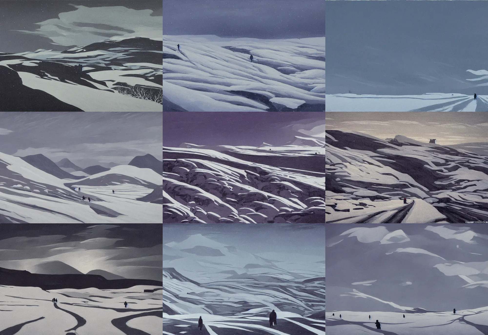 Prompt: travelers have hard track through snowy and iced fields, epic composition, cold, winter landscape, faroe island, cost, clouds, shot from danis villeneuve movie, roger deakins filming, nightfall, soviet artists, painting in the style of Alfred Joseph Casson, painting in the style of Ed Mell, in the style of Phil Buytendorp. karezoid artist