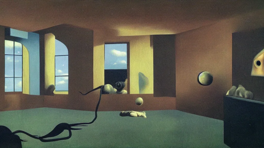 Image similar to A claymation of a strange creature crawling on the living room ceiling by René Magritte