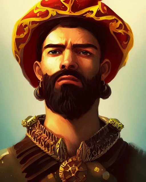 Image similar to digital illustration of a conquistador, art by anato finnstark and sangsoo jeong, treasure island movie color scheme, symmetric, facial features, portrait, handsome, digital painting, artstation, unreal engine