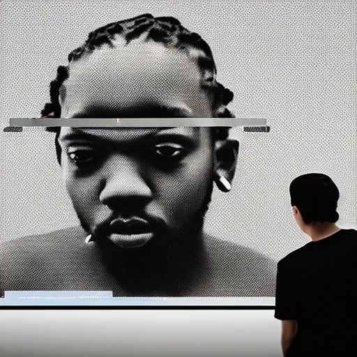 Image similar to art curator looking at a screen with a chat interface, recursive, in the style of grand chamaco and stanley kubrick, inspired by kendrick lamar, photorealistic, epic, super technical, cinematic still