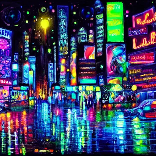 Image similar to realistic painting neon city black light highly detailed trending on art station