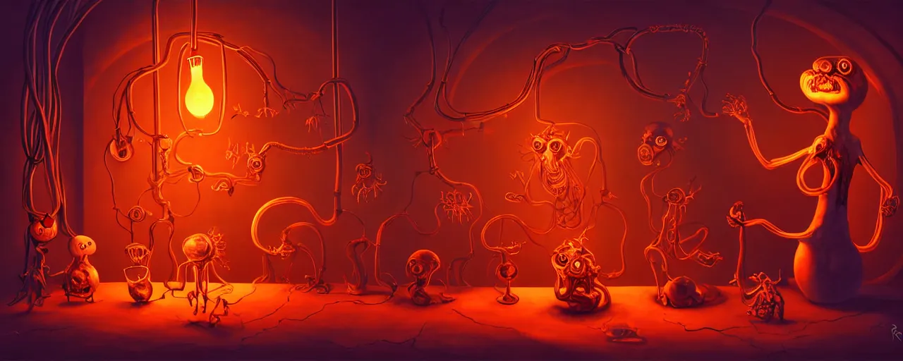 Image similar to whimsical weird chthonic alchemist creatures inside a visceral arterial alchemical lab within the left ventricle of a human heart, dramatic lighting fiery red lighting, surreal fleischer cartoon characters, surreal painting by ronny khalil