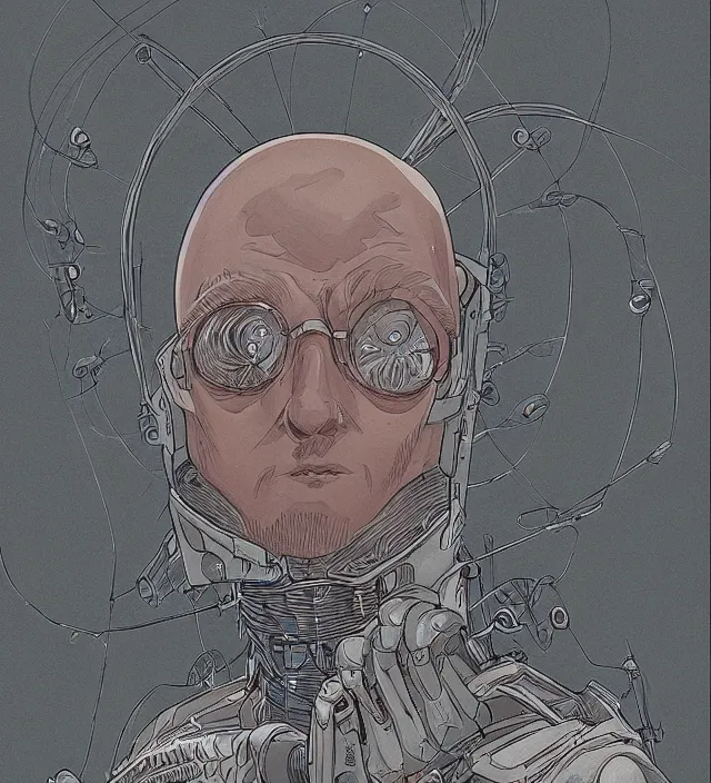 Image similar to a character portrait of a grimdark cybernetic hacker / wizard in the style of jean giraud in the style of moebius trending on artstation deviantart pinterest detailed realistic hd 8 k high resolution