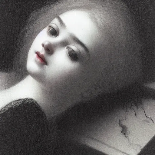 Prompt: A masterpiece head and shoulders portrait of Elle Fanning trapped in a coffin by William Adolphe Bouguereau and Junji Ito