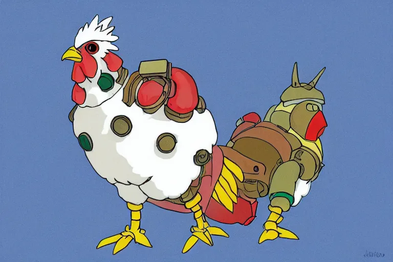 Image similar to heavily armoured mechanical chicken by studio ghibli