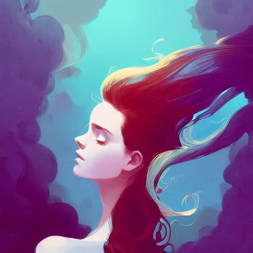 Image similar to beautiful artistic - wave highly detailed portrait female, long red hair, in a music festival, by atey ghailan, by greg rutkowski, by greg tocchini, by james gilleard, by joe fenton, by kaethe butcher, dynamic lighting, gradient light blue, brown, blonde cream and white color scheme, grunge aesthetic