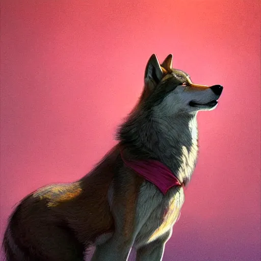 Prompt: painted portrait of realistic wolf wearing pink shirt, intricate, digital painting, artstation, concept art, smooth, sharp focus, illustration, art by jean giraud, edward hopper, gaston bussiere and greg rutkowski