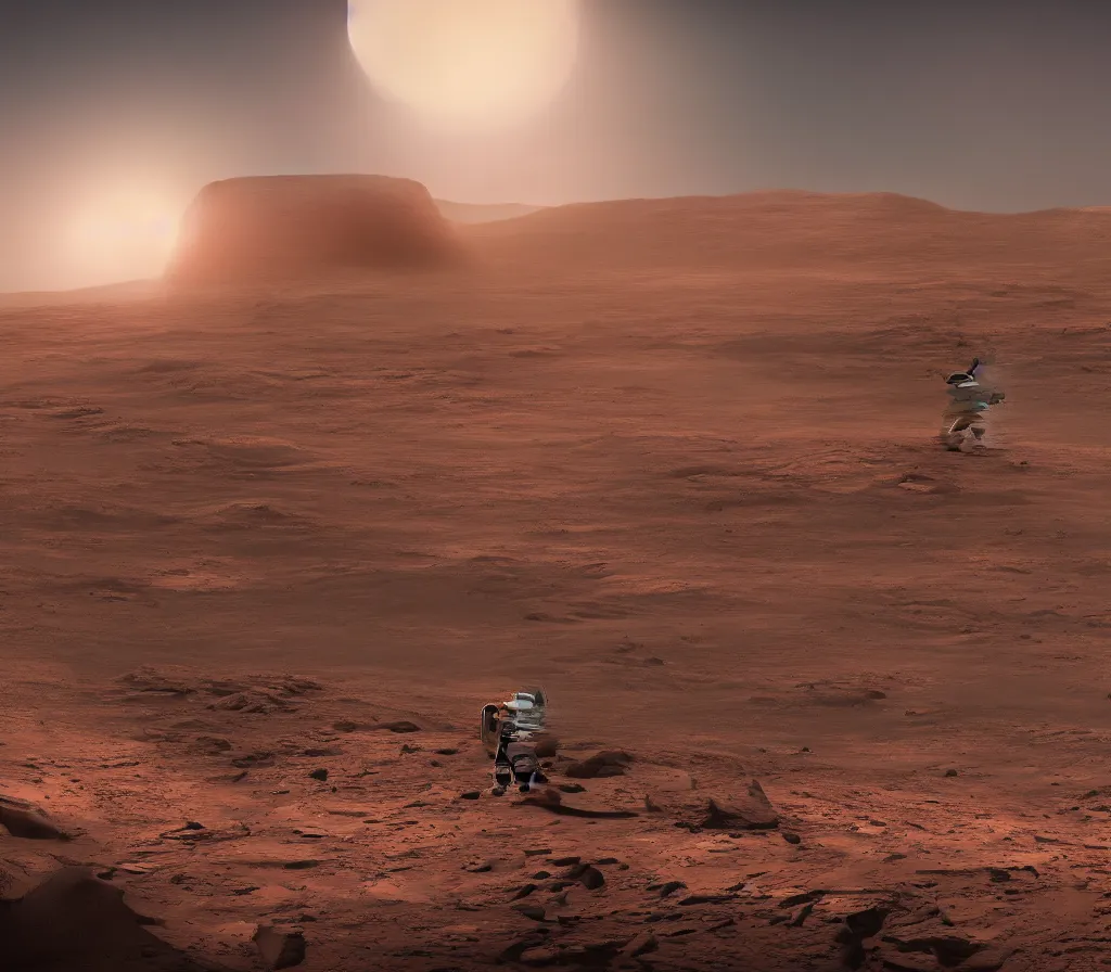 Image similar to Detailed photo of an astronaut seen from behind, he is standing on top of mount Venus on Mars, he is watching the Starship Super Heavy landing at the background, the Starship is landing at the base on the first martian colony, the sunset has just come with the characteristic cold color tone from Mars, the photo was taken by John Kraus, photorealistic, matte painting, hyper realistic, concept art, 4k, 8k, cinematic composition, cgsociety, HD, highly detailed, octane render, unreal engine 5, trending on artstation, shaders