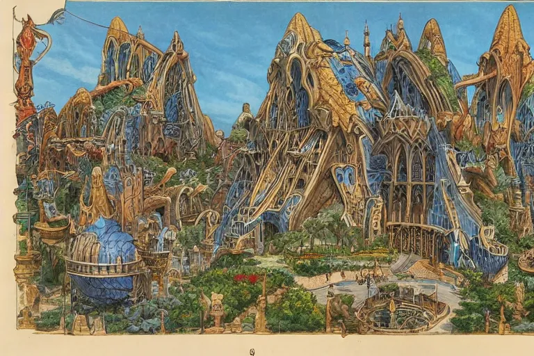 Prompt: page of encyclopedia color illustrations : : fantasy architecture, diagrams showing various fantasy architecture styles, nature, insanely detailed, informative texts and graphs