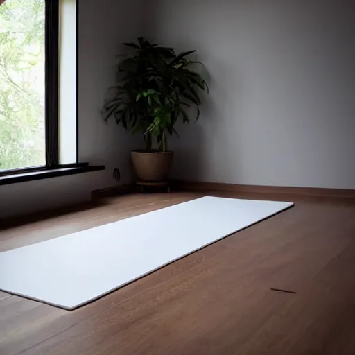 Prompt: zen minimalist modern white plant room, soft - light, cool, with yoga mat