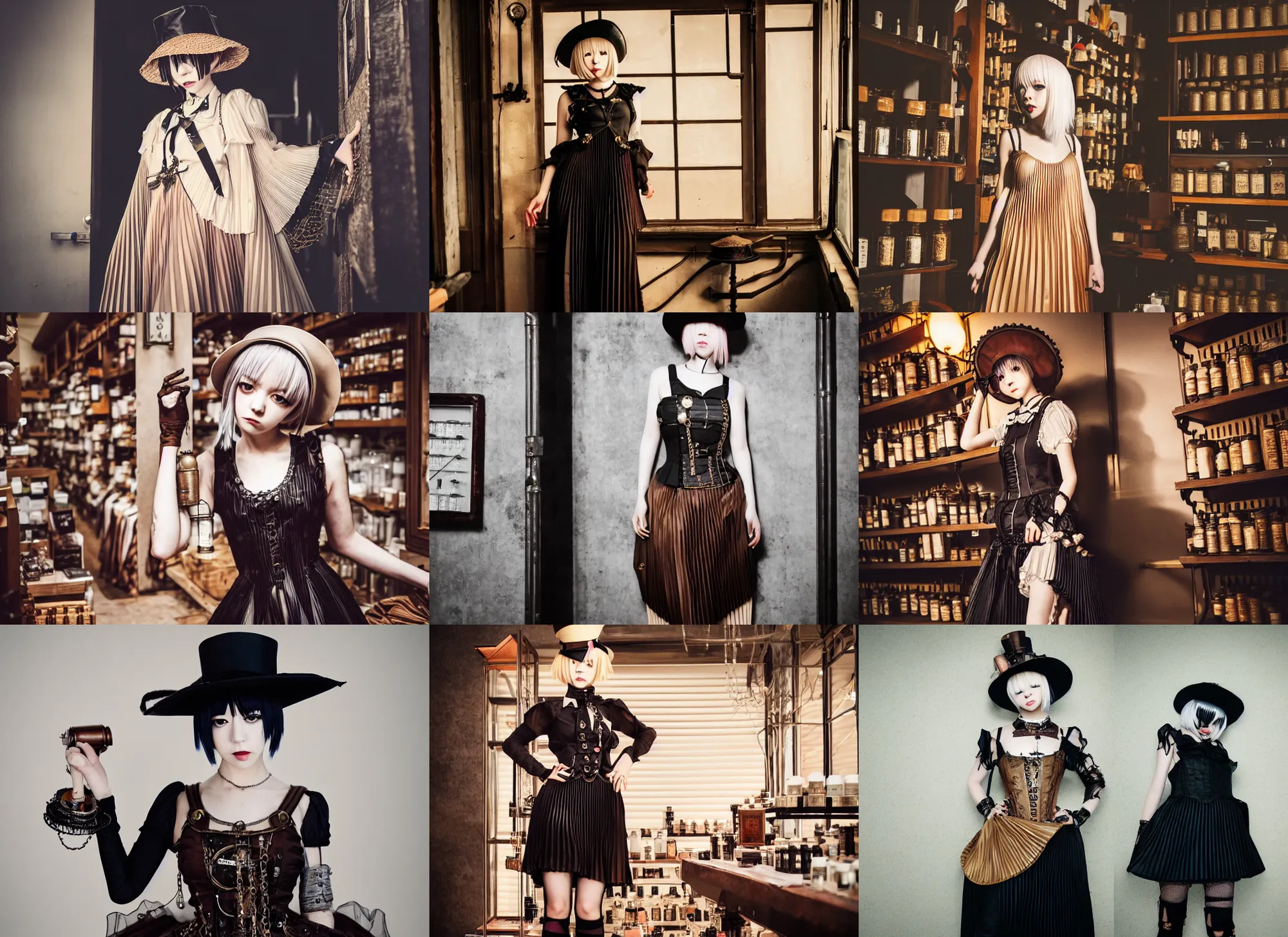 Prompt: full body portrait photo of reol wearing a elegant pleated steampunk dress, open top, wearing a cute hat, shopping at an apothecary store interior, dim studio lighting, at night, moody, realistic, detailed, low light, skin tinted a warm tone