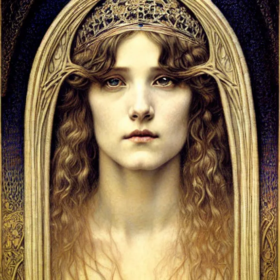 Image similar to detailed realistic beautiful young medieval queen face portrait by jean delville, gustave dore and marco mazzoni, art nouveau, symbolist, visionary, gothic, pre - raphaelite. horizontal symmetry