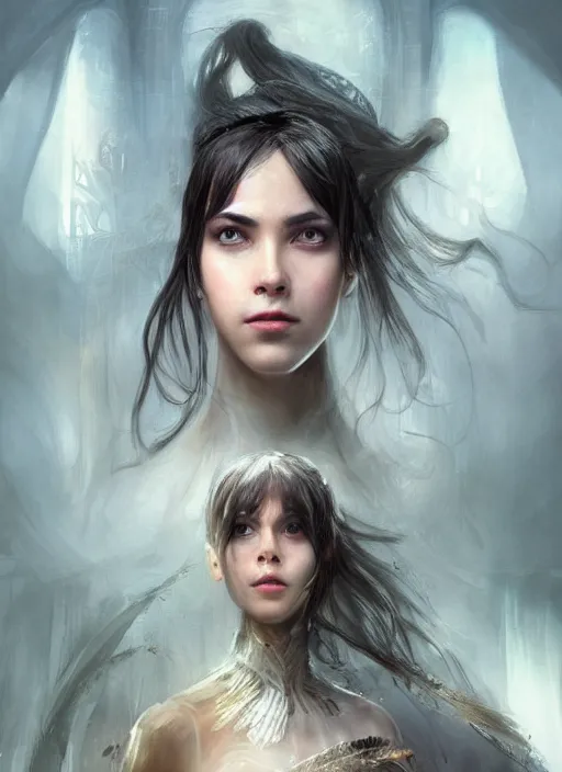 Image similar to a professional portrait of a beautiful young female, clothed in ethereal battle armor, olive skin, long dark hair, beautiful bone structure, symmetrical facial features, intricate, elegant, digital painting, concept art, smooth, sharp focus, finely detailed, illustration, from Valerian and the City of a Thousand Planets, in the style of Ruan Jia and Mandy Jurgens and Artgerm and Greg Rutkowski and William-Adolphe Bouguerea