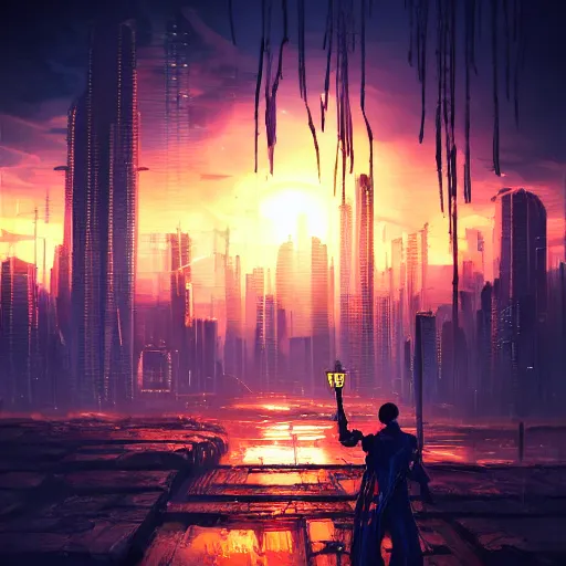 Prompt: Cyberpunk fantasy world with beautiful sunset