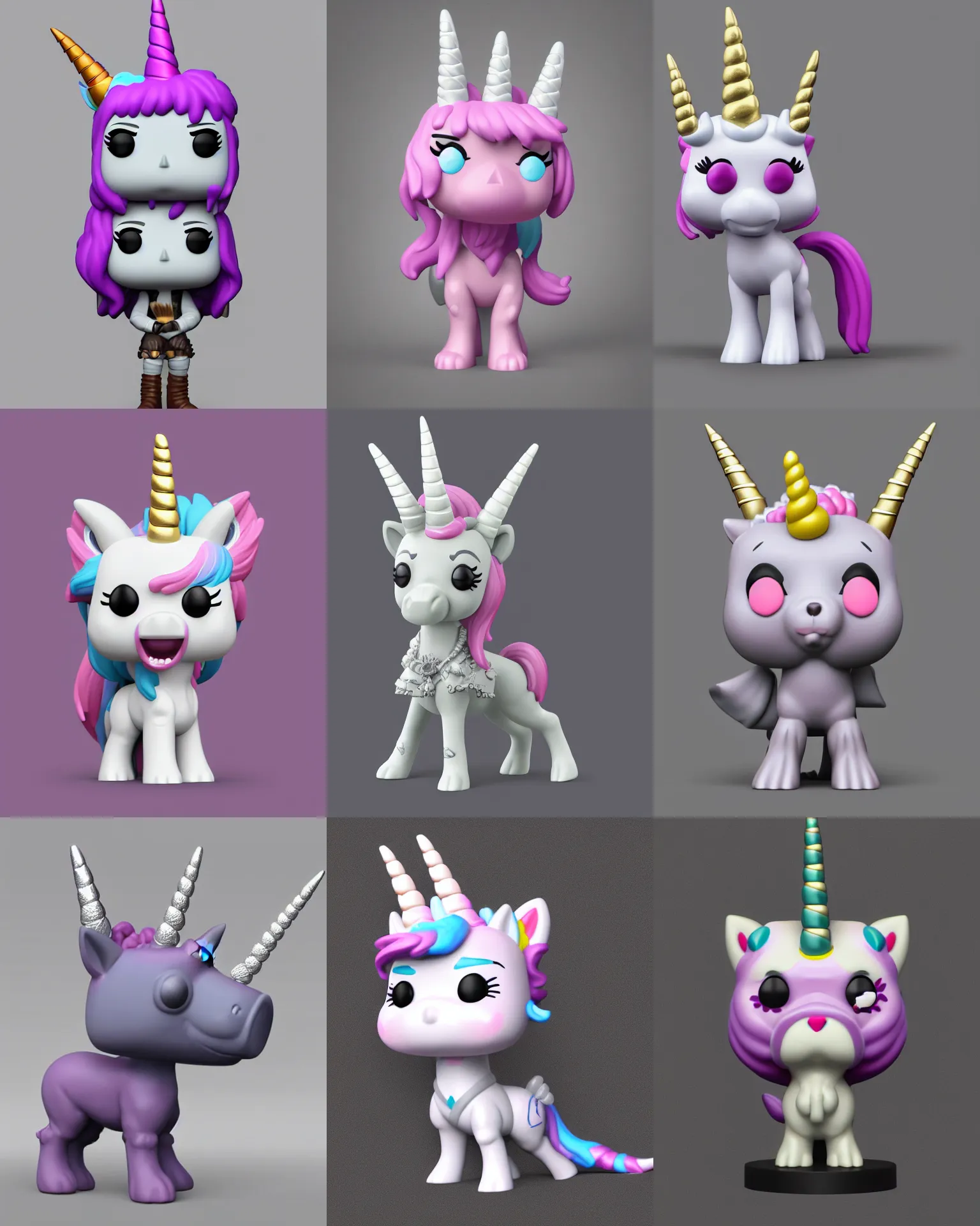 Prompt: full body 3 d render of bonzai unicorn as a funko pop!, studio lighting, grey background, single body, no shadow, blender, trending on artstation, 8 k, highly detailed