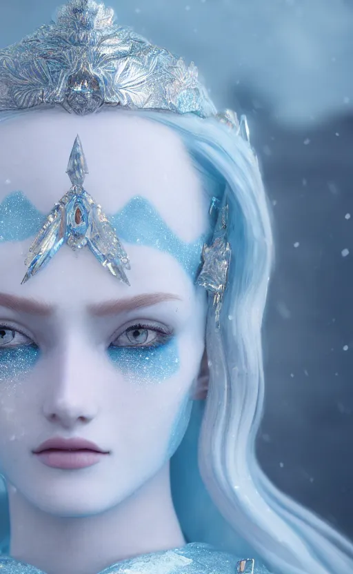 Image similar to ice goddess with beautiful face with a glowing blue crystal on her forehead, frosty white eyes, winter mist around her, white plated armor, pale skin, white smoke, photorealism, octane render, frostbite, 8 k, cinematic, 3 5 mm