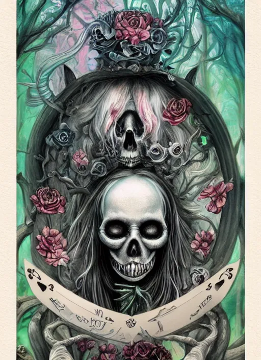 Image similar to alice in wonderland death tarot card, highly detailed, half skull face, cinematic, 8 k, bymegan duncanson, benjamin lacombe, naoto hattori, adrian borda, giger, trending on deviantart, hyper detailed, horror, full of colour