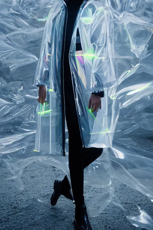 Image similar to an ultra high definition professional high fashion portrait studio full length photograph of a model wearing a transparent pearlescent raincoat and neon visor in an icelandic black rock environment at dawn. no artefacts. extremely detailed. stark. refraction. shallow depth of field. volumetric light and shadow. ray tracing. light rays.