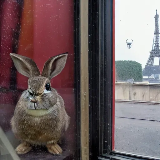 Image similar to a rabbit sits in a window, in paris, it's raining outside, there's raindrops on the window, The eiffel tower is visible out the window, it's evening