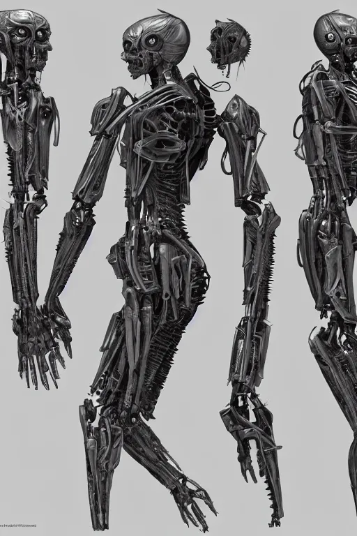 Prompt: a female transformer with gunmetal grey skin, medical anatomy, very symmetrical face, highly detailed, three - perspective / three - view reference sheet ( front / back / side ), in the style of vitaly bulgarov, steven jung, matt tkocz, amanda lilleston, hr giger, mecha, artstation, unreal engine