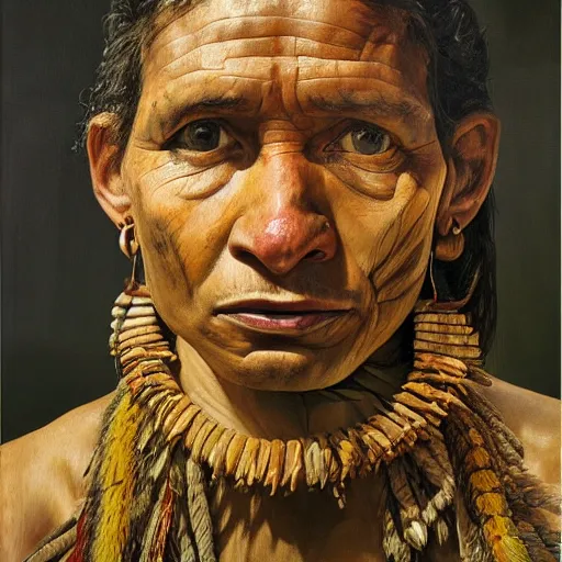 Image similar to high quality high detail painting by lucian freud, hd, portrait of a amazonian tribe leader, photorealistic lighting