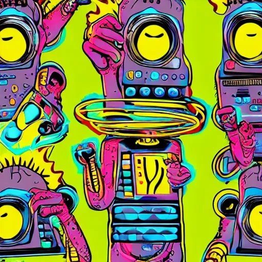 Image similar to artgerm, psychedelic laughing cybertronic spongebob, rocking out, headphones dj rave, digital artwork, r. crumb, svg vector