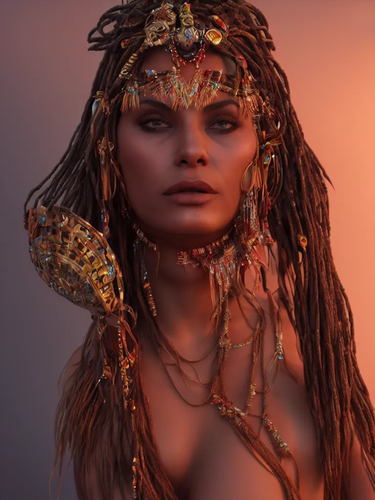 Image similar to a centered render of an alluring tribal goddess, full body, gorgeous face, perfect face, powerful, by viktoria gavrilenko, 3 d, trending on artstation, octane render, 8 k