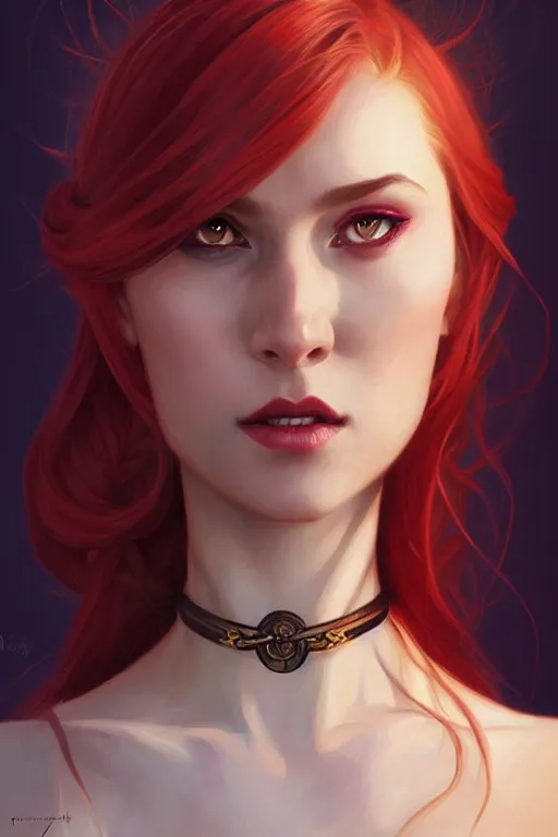Prompt: Portrait of seductive female rogue, D&D, revealing stylish dress, choker on neck, long blonde or red hair, mouth slightly open, slight nerdy smile, fantasy, intricate, elegant, highly detailed, digital painting, artstation, concept art, smooth, sharp focus, illustration, art by artgerm and greg rutkowski and alphonse mucha