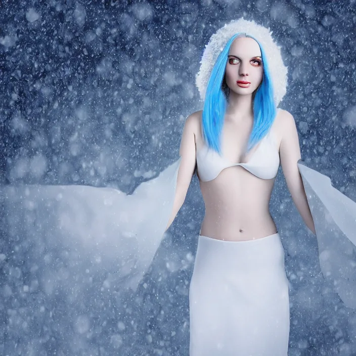 Prompt: full body portrait of a woman with pale blue hair wearing a covering white dress made out of snowflake in the middle of a heavy snowstorm. pale, sickly looking. digital art by maromi sagi