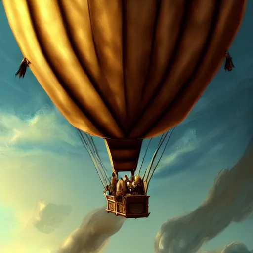 Image similar to old air balloon, epic fantasy, detailed, intricate, digital painting, concept art, realistic, smooth, focus, rim light