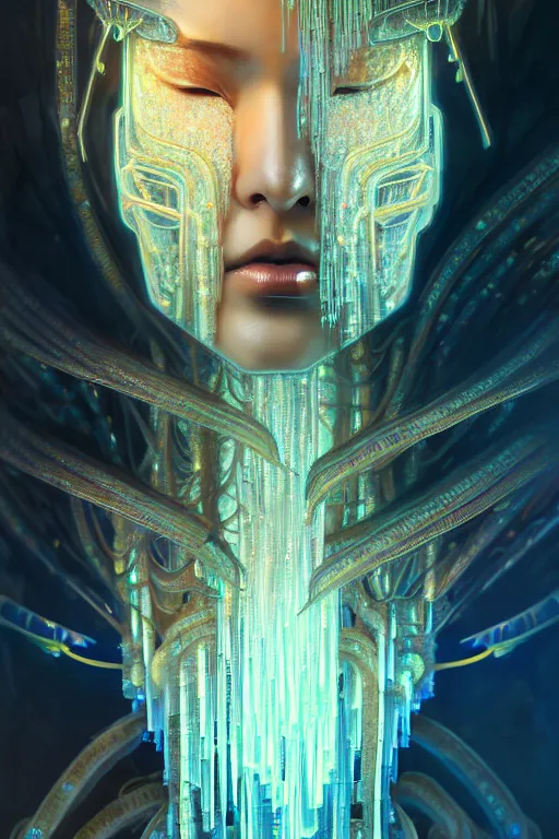 Image similar to dreamland of chinese, ghost, gorgeous and huge head ornaments, dystopian, cyberpunk, organic fractal mycelum and fungi, mecha, halfturn portrait of a big crystal face made of crystals half - turn, ominous, intricate, studio, art by anthony macbain + greg rutkowski + alphonse mucha, concept art, 4 k, sharp focus