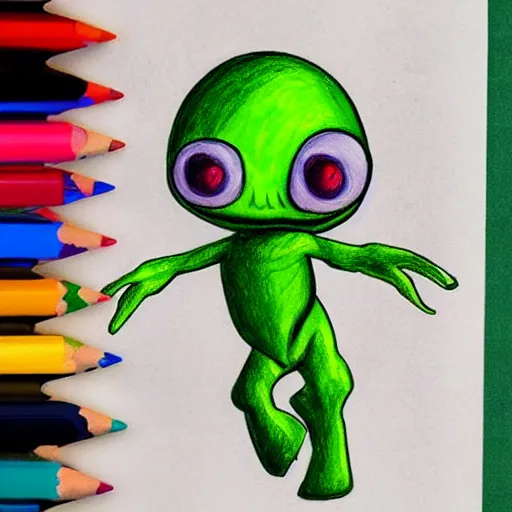 Image similar to crayola drawing of an alien showing it's fingers, green skin, big dark eyes, space suit, desert backround, detailed drawing,