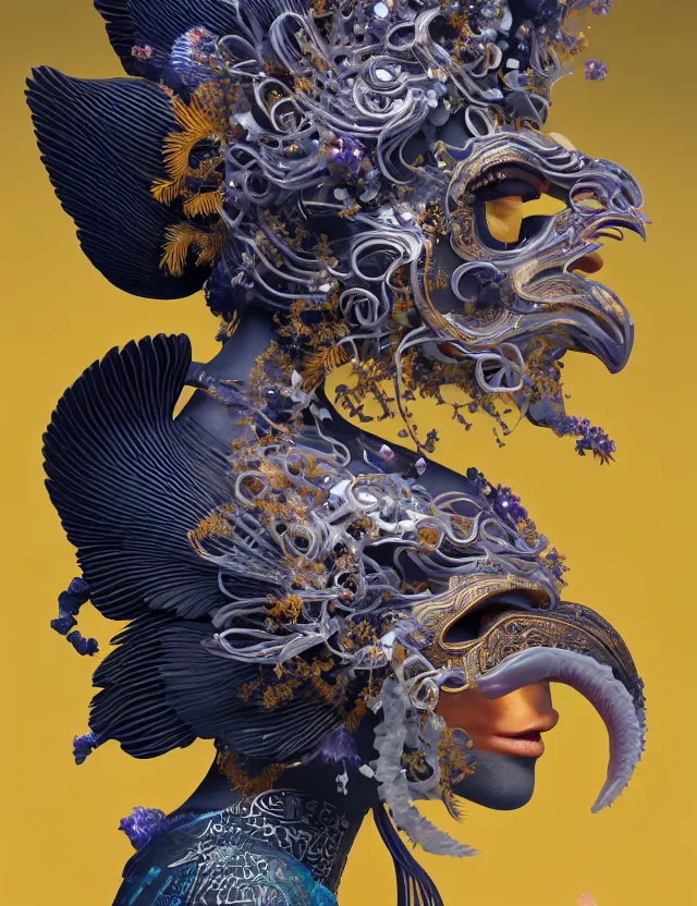 Image similar to 3 d goddess in robe close - up profile portrait with ram skull. beautiful intricately detailed japanese crow kitsune mask and clasical japanese kimono. betta fish, jellyfish phoenix, bio luminescent, plasma, ice, water, wind, creature, artwork by tooth wu and wlop and beeple and greg rutkowski