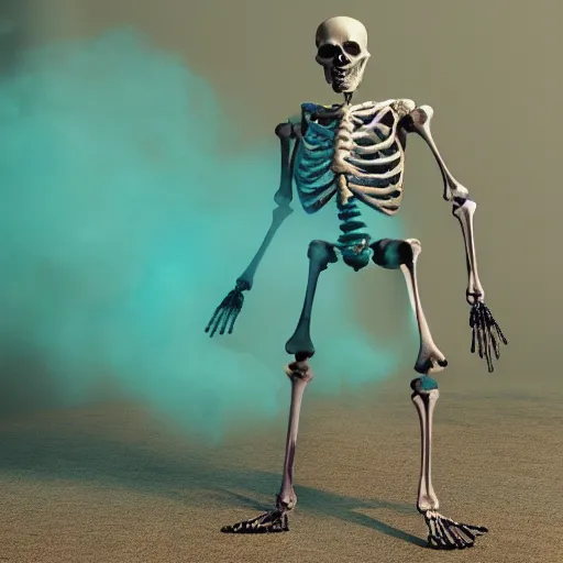 Prompt: skeleton made of teal smoke, hyper realistic, octane render