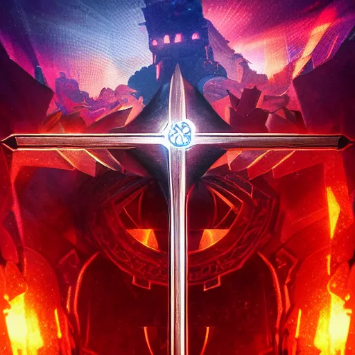 Image similar to symmetrical game - icon of giant medieval swords crossed, red powerful fantasy epic legends, game icon stylized, digital illustration radiating, a glowing aura, global illumination, ray tracing, 8 k high definition, intricate details, octane render, unreal engine, trending on arstation