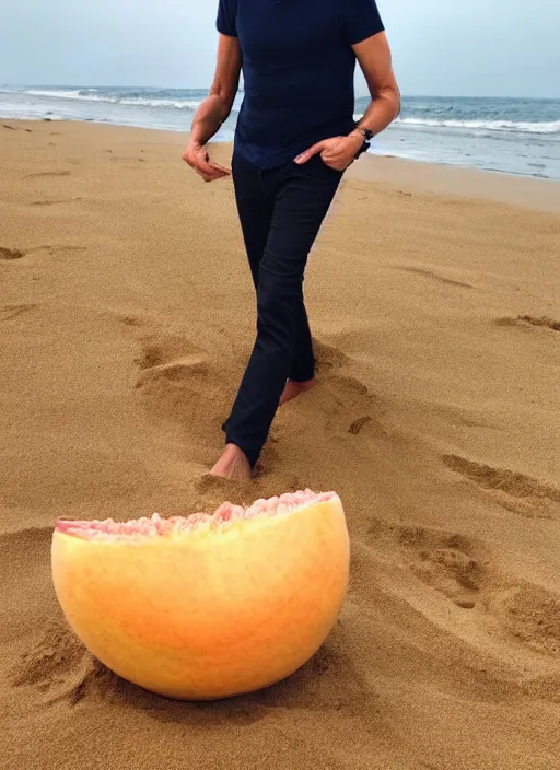 Prompt: jeff goldblum as a melon on the sand of a beach