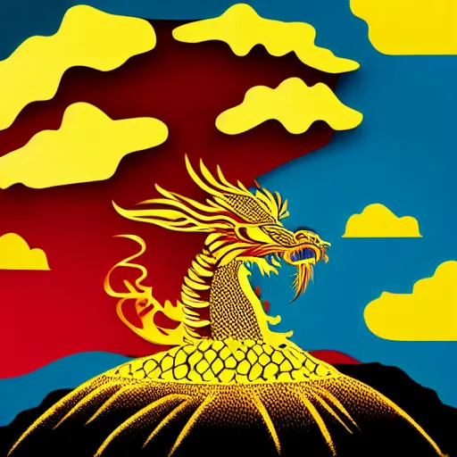 Prompt: a golden chinese dragon in front of a glowing volcano in a gloomy atmosphere, in pop art style