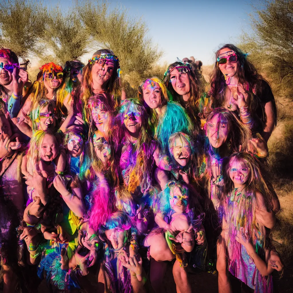 Prompt: family hippy rave in the desert, XF IQ4, 150MP, 50mm, F1.4, ISO 200, 1/160s, dawn