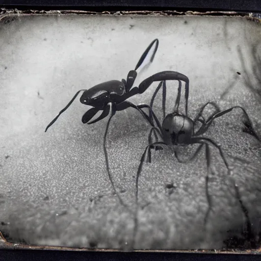 Prompt: tintype photo, underwater, two ants fighting
