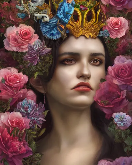 Image similar to portrait of the mexican queen of the underworld, surrounded by flowers by karol bak, james jean, tom bagshaw, rococo, sharp focus, trending on artstation, cinematic lighting, hyper realism, octane render, 8 k, hyper detailed.