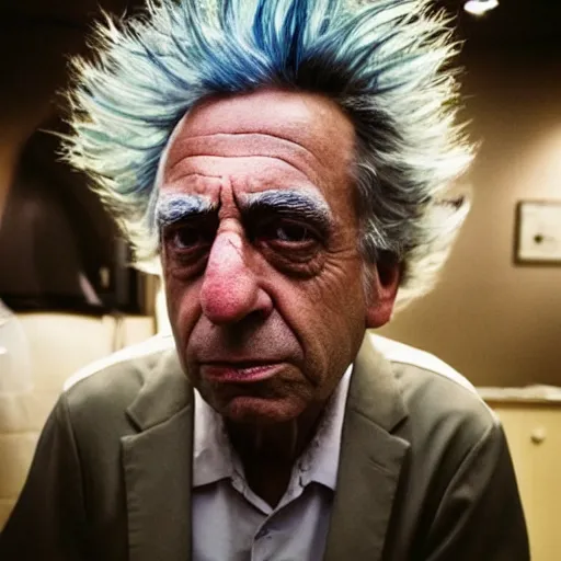 Prompt: Candid portrait photograph of Rick Sanchez from Rick & Morty, taken by Annie Leibovitz