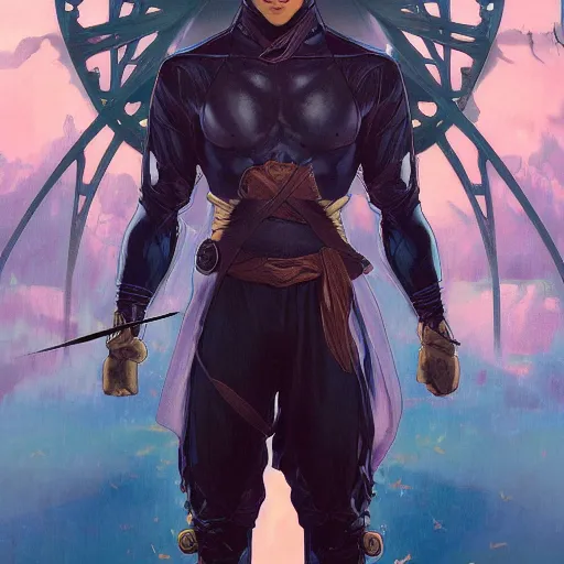 Prompt: character concept, wide angle, full body, symmetrical, young man with dark ninja clothes. detailed, high quality, dynamic lightning, fantasy, scenematic. artwork by artgerm, wlop, alex ross, greg rutknowski, alphonse mucha