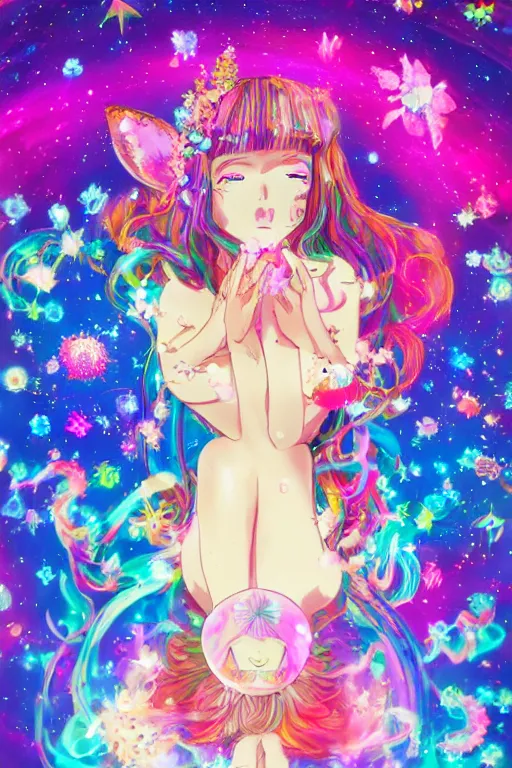 Prompt: psychedelic, whimsical, anime, 4k, beautiful seductive woman with fox ears smoking weed, with professional makeup, long trippy hair, a crystal and flower dress, sitting on a reflective pool, surrounded by gems, underneath the stars, rainbow fireflies, trending on patreon, deviantart, twitter, artstation, volumetric lighting, heavy contrast, art style of Greg Rutkowski and Victoria gavrilenko and Ross Tran