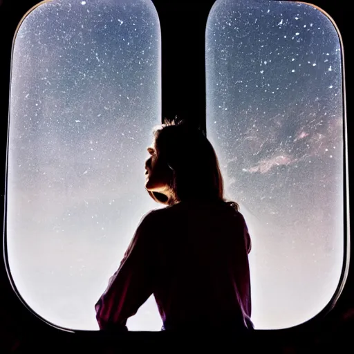 Image similar to a beautiful woman sitting in a train and looking outside of window seeing a milky way